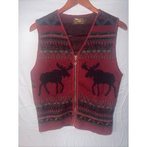 Vintage ALPS Womens Small 100% Wool Moose Sweater Vest Full Zip Fair Isle